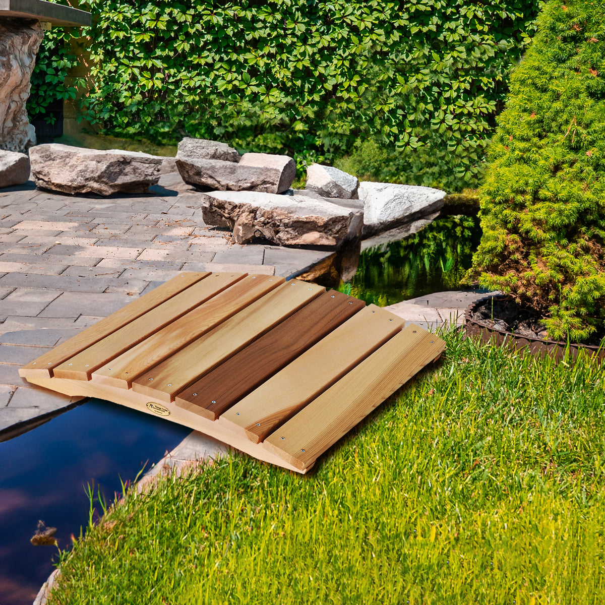 Mini Cedar Garden Bridge – 28" Low Wooden Footbridge for Decorative Garden Features