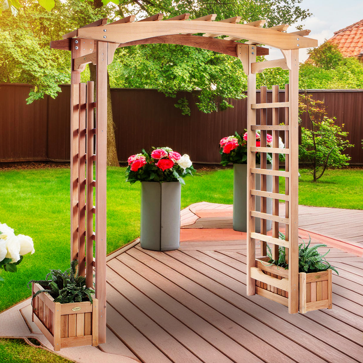 Cedar Garden Arbor and Planter Box Set – Handcrafted Trellis Archway for Outdoor Décor