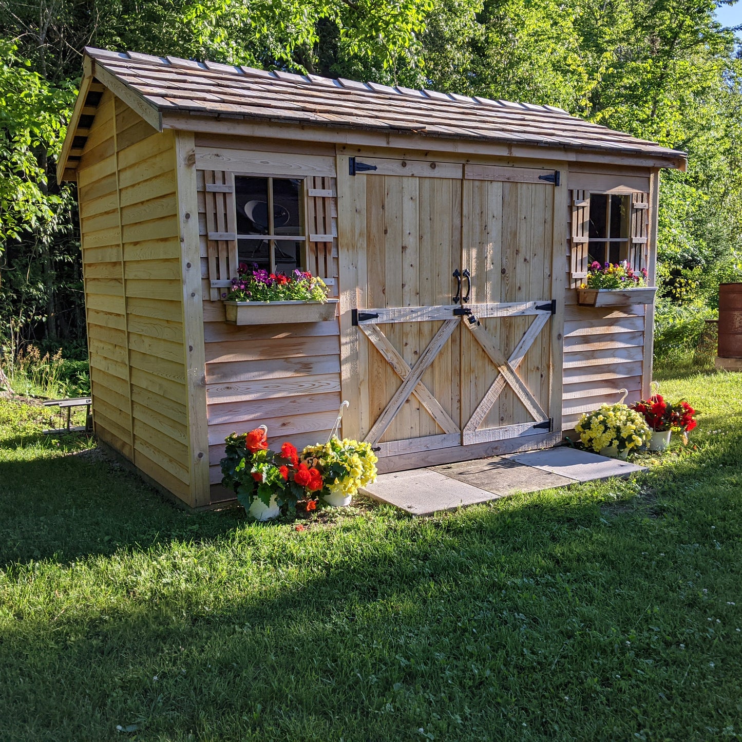 backyard shed on lawn