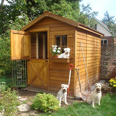 Cedarshed Gardener Shed Kit and friendly dogs