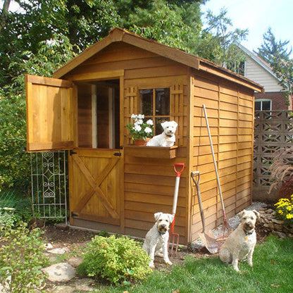 Cedarshed Gardener Shed Kit and friendly dogs